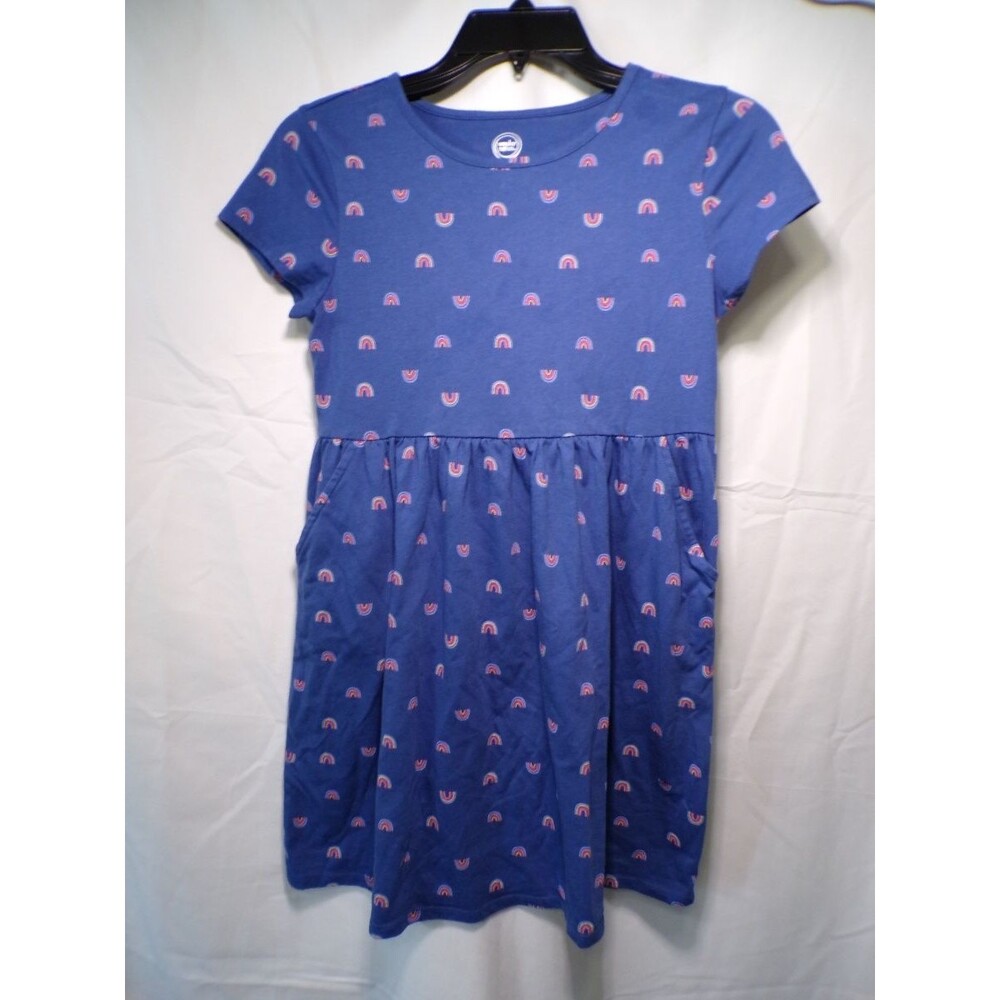 Wonder Nation Girls Rainbow Print T Shirt Dress Blue Pockets L 10 12